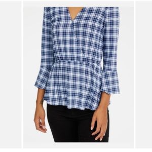 NWT MICHAEL Michael Kors Blue Plaid Ruffle Cuff Top Chambray P/S